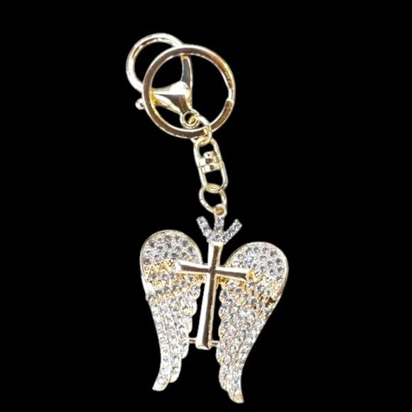 Handbags - Rhinestone Cross with angel wings bag charm